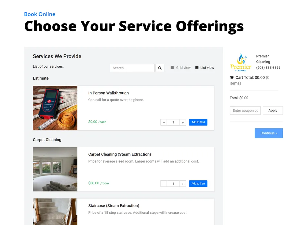 Premier Cleaning Online Booking Tool
