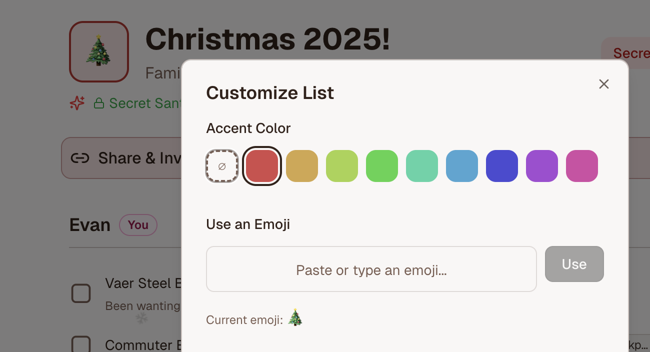 The Customize List modal, letting each list pick its own accent color and emoji
