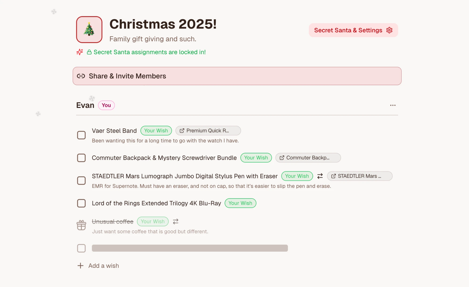 A real GiftGiftGift list: wishes with notes and linked products, a "Your Wish" tag, and a locked Secret Santa banner
