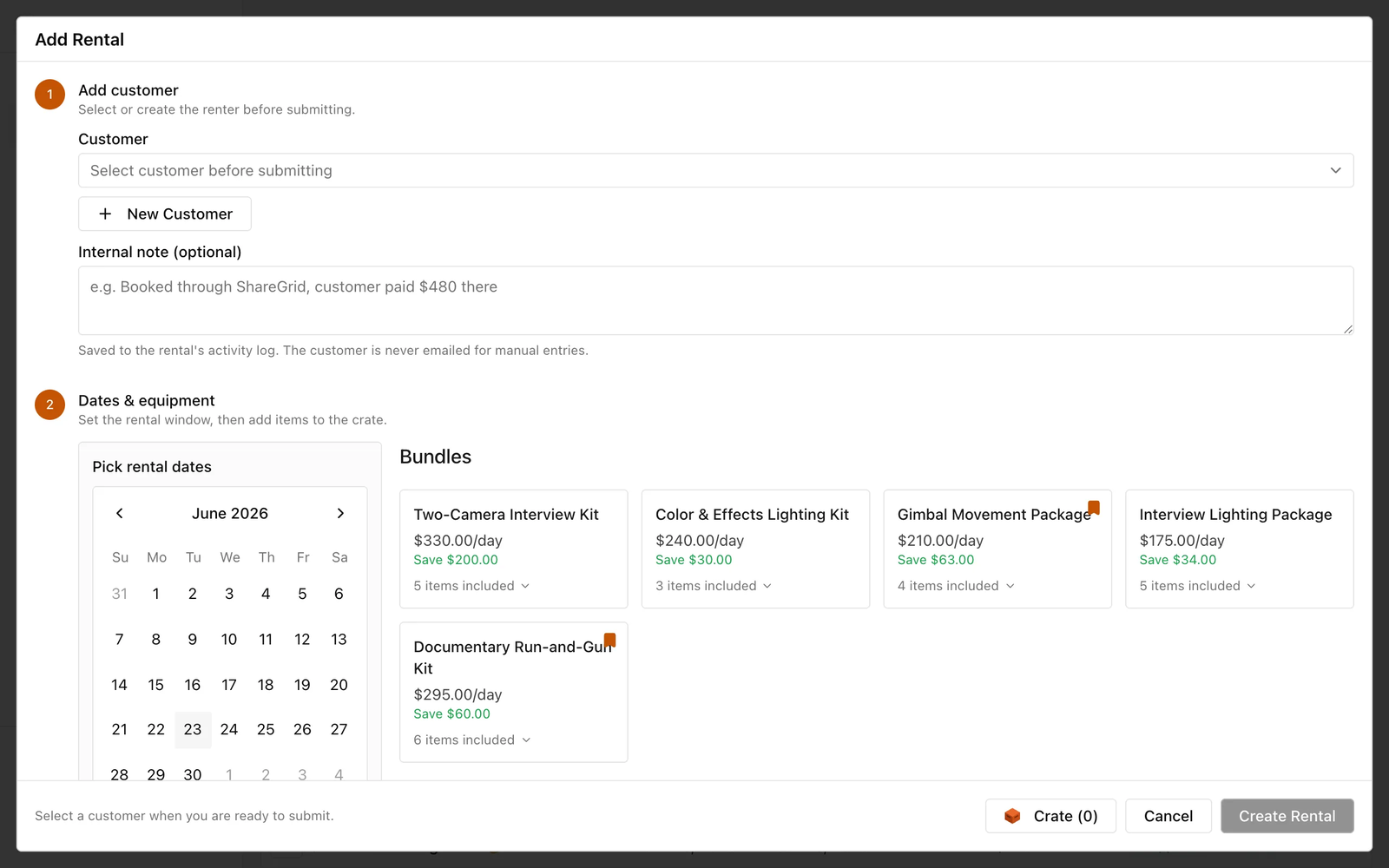 The Add Rental dialog, showing a customer selector, date picker, and pre-built equipment bundles with automatic savings