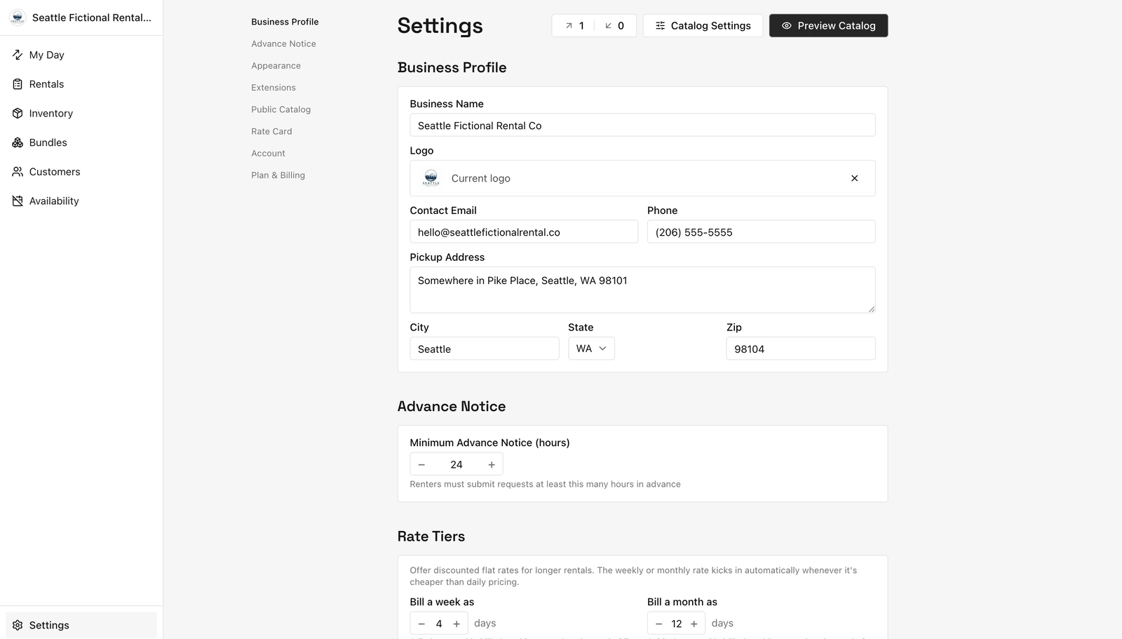 HotCrate's Settings page, showing business branding and automatic weekly and monthly rate tiers