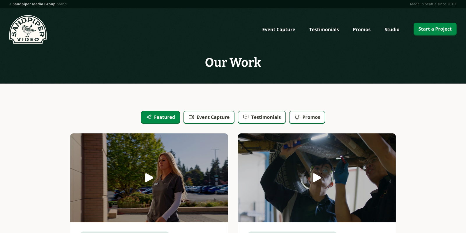 Sandpiper Video's portfolio grid, filterable by event capture, testimonials, and promotional work