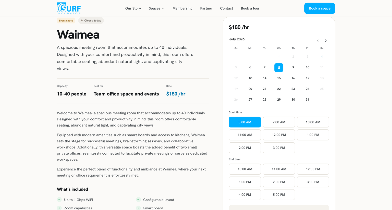 SURF Incubator's live booking panel, showing open time slots, member pricing, and a direct handoff to checkout