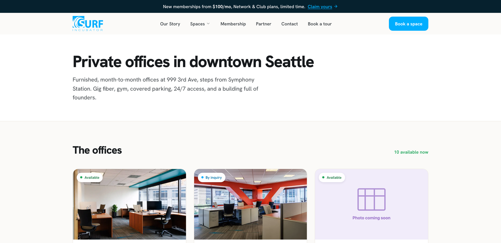 SURF Incubator's private offices page, listing furnished offices with live availability status