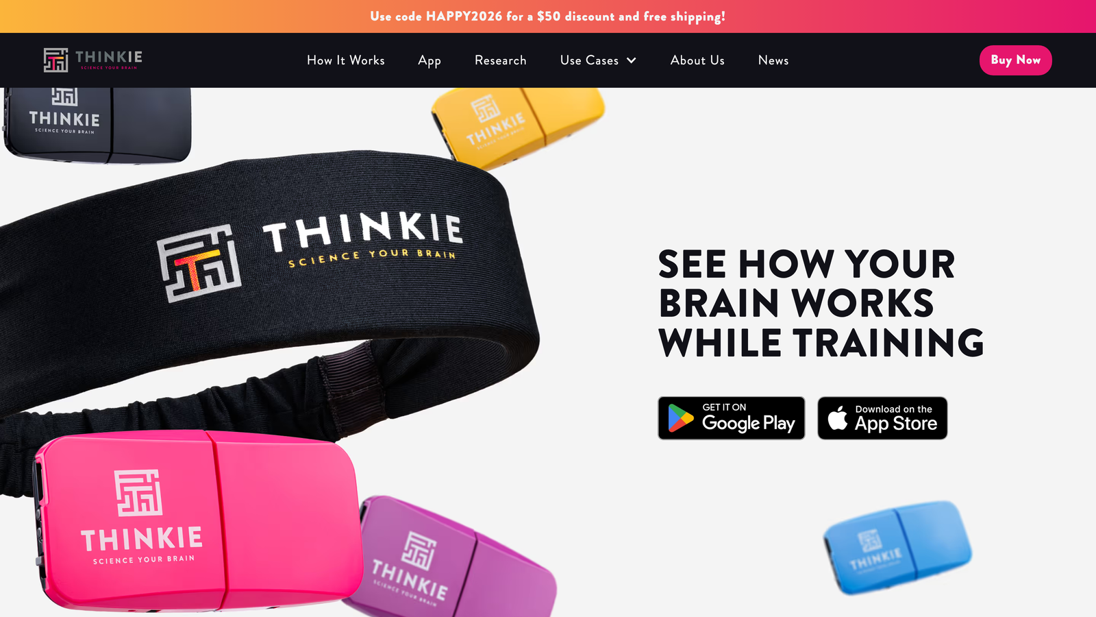Thinkie's sensor, headband, and app shown together, with a plan picker for Basic, Premium, and Flexible pricing